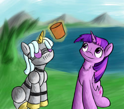 Size: 2150x1884 | Tagged: safe, artist:greenfinger, twilight sparkle, twilight sparkle (alicorn), oc, oc:turing test, alicorn, pony, robot, fanfic:the iron horse: everything's better with robots, fanfic art, glowing horn, lake, levitation, magic, smiling, telekinesis