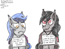 Size: 1280x960 | Tagged: safe, artist:batponyecho, oc, oc only, oc:echo, oc:qetesh, bat pony, pony, pony shaming, sign, traditional art