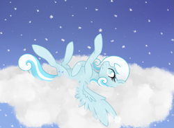 Size: 827x613 | Tagged: safe, artist:greymirror, oc, oc only, oc:snowdrop, cloud, cute, older, on back, snow, snowfall, snowflake, solo, spread wings