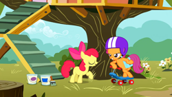 Size: 1366x768 | Tagged: safe, derpibooru import, screencap, apple bloom, scootaloo, the show stoppers