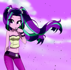 Size: 1840x1800 | Tagged: safe, artist:nekojackun, aria blaze, equestria girls, ariabetes, bare shoulders, belly button, belt, breasts, clothes, cute, female, midriff, pants, sleeveless, solo, strapless, tube top, windswept hair