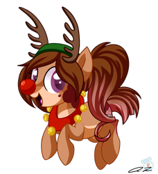 Size: 956x1050 | Tagged: safe, artist:iheartjapan789, oc, oc only, earth pony, pony, animal costume, antlers, bells, clothes, costume, female, mare, open mouth, red nose, reindeer antlers, reindeer costume, signature, simple background, smiling, solo