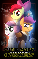 Size: 1000x1533 | Tagged: safe, artist:drawponies, apple bloom, scootaloo, sweetie belle, alternate hairstyle, clothes, cosplay, costume, cutie mark crusaders, han solo, leia skywalker, looking at you, luke skywalker, millenium falcon, princess leia, smiling, smirk, spoilers in the comments, star wars, star wars: the force awakens, starfighter, starkiller base, tie fighter, x-wing