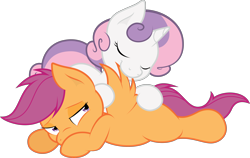 Size: 5000x3165 | Tagged: safe, artist:atmospark, artist:joey darkmeat, scootaloo, sweetie belle, .svg available, colored, cute, cutealoo, diasweetes, eyes closed, preening, simple background, transparent background, vector