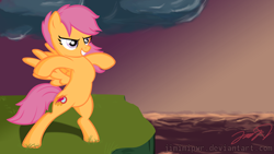 Size: 3000x1688 | Tagged: safe, artist:jimimipwr, scootaloo, cliff, ocean, old cutie mark, older, solo