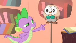 Size: 1280x720 | Tagged: safe, edit, edited screencap, screencap, owlowiscious, spike, dragon, owl's well that ends well, pokémon, pokémon sun and moon, rowlet