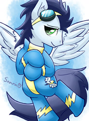 Size: 1400x1900 | Tagged: safe, artist:gamijack, soarin', pegasus, pony, flying, male, solo, stallion, wonderbolts uniform