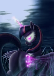 Size: 752x1063 | Tagged: safe, artist:jeki, twilight sparkle, twilight sparkle (alicorn), alicorn, pony, badass, dock, female, glowing cutie mark, glowing eyes, lightning, magic, mare, solo, twibutt