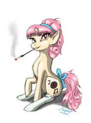 Size: 1392x1890 | Tagged: safe, artist:kh0nan, oc, oc only, oc:sock hop, pony, unicorn, broken horn, cigarette, cigarette holder, clothes, simple background, smoking, socks, solo, traditional art