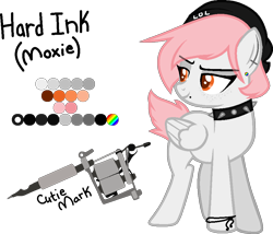 Size: 921x787 | Tagged: safe, artist:br0kenp0nies, oc, oc only, oc:hard ink, beanie, beauty mark, choker, cutie mark, ear piercing, earring, freckles, hat, lidded eyes, lip piercing, piercing, reference sheet, simple background, smiling, spiked choker, tattoo, tattoo artist, transparent background, vector