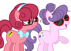 Size: 947x679 | Tagged: safe, artist:magicalgirlfriends, suri polomare, oc, oc:red velvet, alternate hairstyle, bowtie, female, glasses, messy mane, mother and child, mother and daughter, offspring, older, parent and child, parent:suri polomare, sunglasses