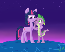 Size: 1024x819 | Tagged: safe, artist:flourret, spike, twilight sparkle, dragon, pony, unicorn, crying, evening, female, grass, hill, lidded eyes, looking at each other, male, mare, one eye closed, outdoors, signature, sky, smiling, stars, twilight (astronomy)