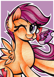 Size: 1024x1457 | Tagged: safe, artist:j-lin-mlp, scootaloo, cutie mark, solo, the cmc's cutie marks, tongue out, traditional art, wink