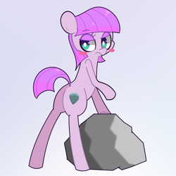 Size: 2800x2800 | Tagged: safe, artist:turtlefarminguy, maud pie, pony, bipedal, blushing, missing accessory, palette swap, rock, solo, wat