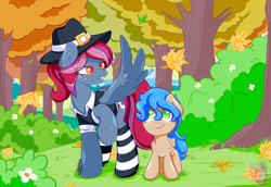 Size: 1580x1087 | Tagged: safe, artist:shadowhulk, oc, oc only, oc:rocket tier, oc:spotlight splash, clothes, commission, equestria daily mascots, hat, leaves, mascot, socks, striped socks