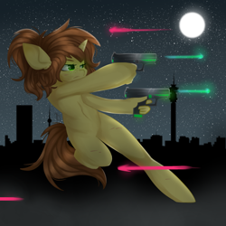 Size: 1024x1024 | Tagged: safe, artist:sallylapone, oc, oc only, anthro, unguligrade anthro, city, gun, night, pistol, shootout, solo