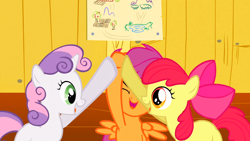 Size: 1366x768 | Tagged: safe, screencap, apple bloom, scootaloo, sweetie belle, the show stoppers, cutie mark crusaders, hoofbump