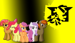 Size: 1024x600 | Tagged: safe, artist:digiradiance, apple bloom, babs seed, button mash, scootaloo, sweetie belle, alternate hairstyle, cutie mark crusaders, group, nexus, older, the nexus (stable), wrestling, wwe