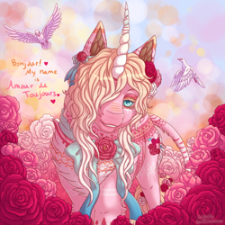 Size: 750x750 | Tagged: safe, artist:luciferific, oc, oc only, oc:amour de toujours, bird, flower, heart, rose, solo