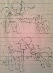 Size: 865x1190 | Tagged: artist needed, safe, cheerilee, lily longsocks, /mlp/, 4chan, boop, lined paper, ouch, super strength