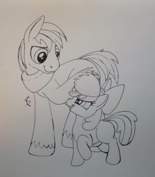 Size: 2800x3216 | Tagged: safe, artist:scribblepwn3, apple bloom, big macintosh, earth pony, pony, brotherhooves social, male, monochrome, pen drawing, stallion, traditional art