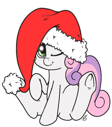 Size: 598x675 | Tagged: safe, artist:silver1kunai, sweetie belle, hat, santa hat, simple background, smiling, solo, white background, wink