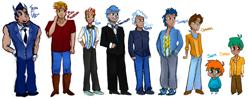 Size: 900x355 | Tagged: safe, artist:marie-ah, big macintosh, caramel, fancypants, flim, iron will, pokey pierce, snails, snips, soarin', human, humanized