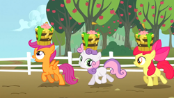 Size: 1366x768 | Tagged: safe, screencap, apple bloom, scootaloo, sweetie belle, the show stoppers, animation error, bucket, cutie mark crusaders