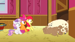 Size: 1366x768 | Tagged: safe, screencap, apple bloom, scootaloo, sweetie belle, pig, the show stoppers, cutie mark crusaders