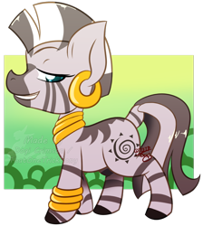 Size: 680x759 | Tagged: safe, artist:dogi-crimson, artist:thatonetrickpony, zecora, zebra, bedroom eyes, bracelet, chibi, ear piercing, earring, female, jewelry, neck rings, piercing, solo