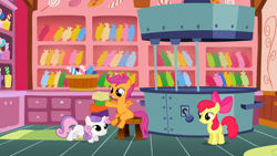 Size: 1366x768 | Tagged: safe, screencap, apple bloom, scootaloo, sweetie belle, the show stoppers, cutie mark crusaders, no osha compliance, taffy, taffy puller, this will not end well