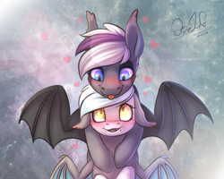 Size: 1000x800 | Tagged: safe, artist:andyfirelife, oc, oc only, bat pony, pony, blushing, fangs, female, heart, hug, hug from behind, male, mare, spread wings, stallion, tongue out