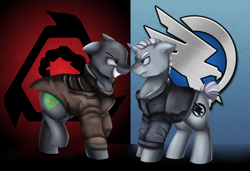 Size: 3509x2400 | Tagged: safe, artist:pridark, oc, oc:general ironsides, earth pony, pony, unicorn, fanfic:green sun, brotherhood of nod, clothes, command and conquer, confrontation, crossover, duo male, eye contact, fanfic, fanfic art, floppy ears, frown, glare, global defense initiative, grin, kane, looking at each other, male, ponified, raised leg, smiling, smirk, uniform