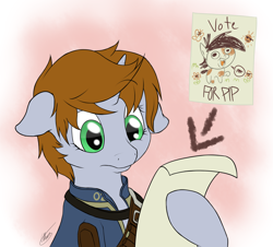 Size: 2296x2080 | Tagged: safe, artist:ethaes, pipsqueak, oc, oc:littlepip, pony, unicorn, fallout equestria, crusaders of the lost mark, clothes, colt, confused, fallout, fanfic, fanfic art, female, floppy ears, hooves, horn, male, mare, namesake, paper, pun, solo, vault suit, vote for pip