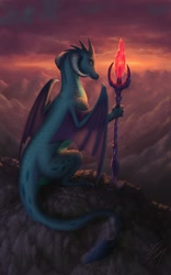Size: 1240x1984 | Tagged: safe, artist:bluespaceling, dragon lord ember, princess ember, dragon, bloodstone scepter, cloud, looking back, mountain, queen, solo, staff