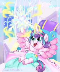 Size: 5000x6000 | Tagged: safe, artist:meganlovesangrybirds, bright eyes, princess flurry heart, pony, the crystalling, absurd resolution, adorable face, baby, baby blanket, baby flurry heart, baby pony, blanket, cloth diaper, crib, crib blanket, crystal heart, cute, cute baby, dawwww, diaper, diapered, diapered filly, embroidered blanket, embroidery, female, filly, flurrybetes, happy, happy baby, infant, infant flurry heart, light pink cloth diaper, light pink diaper, looking at something, magic, newborn, newborn baby, newborn baby flurry heart, newborn filly, newborn flurry heart, newborn infant, newborn infant flurry heart, open mouth, pillow, reaching up, safety pin, scene interpretation, signature, snow, snowflake, solo, telekinesis, weapons-grade cute