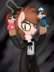 Size: 1536x2048 | Tagged: safe, artist:airfly-pony, bill cipher, crossover, dipper pines, gravity falls, mabel pines, ponified, rcf community, sock opera, sock puppet