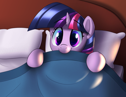 Size: 1940x1500 | Tagged: safe, artist:january3rd, twilight sparkle, pony, unicorn, bed, blanket, cute, female, looking at you, mare, morning ponies, nom, pillow, smiling, solo, twiabetes