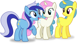 Size: 8976x5186 | Tagged: safe, artist:8-notes, lemon hearts, minuette, twinkleshine, amending fences, .svg available, absurd resolution, background pony, open mouth, ponyscape, raised hoof, simple background, transparent background, vector