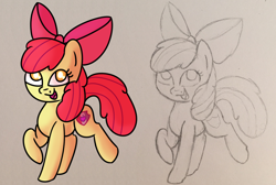 Size: 1280x861 | Tagged: safe, artist:pastelhorses, artist:sugarwings-art, apple bloom, collaboration, cutie mark, monochrome, open mouth, raised hoof, sketch, solo, the cmc's cutie marks, traditional art