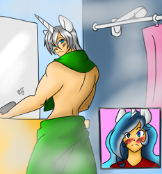 Size: 1008x1080 | Tagged: safe, artist:burningsnowflakeproductions, oc, oc only, oc:lyoko hope, oc:silver spark, human, alicorn humanization, bathroom, blue eyes, blushing, eared humanization, emerald green eyes, horned humanization, humanized, humanized oc, long hair, lyover, muscles, oc x oc, shipping, short hair, shower, towel, winged humanization