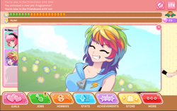 Size: 1198x751 | Tagged: safe, screencap, human, crush crush, expy, game, human that look like rainbow dash, humanized, iro, pony cameo, pony reference, smiling