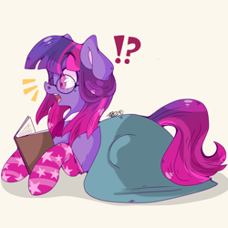 Size: 4096x4096 | Tagged: safe, artist:doodlehorse, twilight sparkle, absurd resolution, book, clothes, glasses, prone, sockis, socks, solo, striped socks