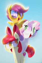 Size: 1000x1500 | Tagged: safe, artist:talonsofwater, apple bloom, scootaloo, sweetie belle, adorabloom, cute, cutealoo, cutie mark, cutie mark crusaders, diasweetes, leaning, looking down, looking up, open mouth, smiling, the cmc's cutie marks, tower of pony