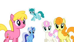 Size: 4000x2249 | Tagged: safe, artist:likonan, carrot top, cherry berry, golden harvest, minuette, spring melody, sprinkle medley, twinkleshine, earth pony, pegasus, pony, unicorn, dragonshy, season 1, background pony, looking at you, simple background, surprised, transparent background, vector