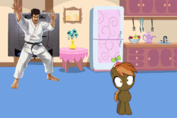 Size: 900x600 | Tagged: safe, artist:trungtranhaitrung, button mash, crossover, kitchen, obligatory pony, oh crap, sega, sega saturn, segata sanshiro, this will end in playing the sega saturn