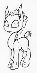 Size: 655x1280 | Tagged: safe, artist:nekotigerfire, changeling, cute, cuteling, missing horn, monochrome, solo, wingless