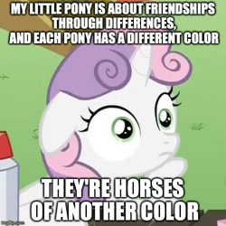 Size: 500x500 | Tagged: safe, sweetie belle, pony, unicorn, exploitable meme, female, filly, horn, image macro, meme, solo, sudden clarity sweetie belle, text, two toned mane, white coat, wide eyes