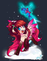 Size: 1024x1318 | Tagged: safe, artist:wilvarin-liadon, oc, oc only, oc:sapphire feather, holly, snow, snowfall, solo