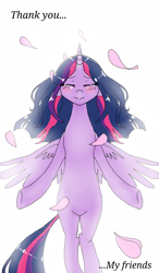 Size: 750x1280 | Tagged: safe, artist:161141, twilight sparkle, twilight sparkle (alicorn), alicorn, pony, backlighting, blushing, crying, female, floating, mare, petals, smiling, solo